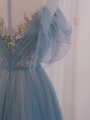 Floral Dress, A-Line Scoop Neckline Tulle Gray Blue Long Prom Dress with Sequin