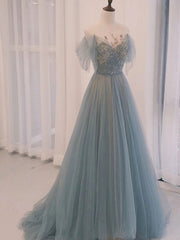 Short Dress, A-Line Scoop Neckline Tulle Gray Blue Long Prom Dress with Sequin