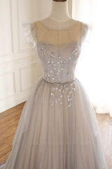 Prom Dresses Blue Long, A-Line Scoop Neckline Tulle Long Prom Dress with Beaded, Evening Party Dress