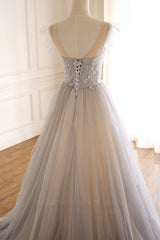 Prom Dress Off The Shoulder, A-Line Scoop Neckline Tulle Long Prom Dress with Beaded, Evening Party Dress