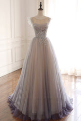 Prom Dress Long Blue, A-Line Scoop Neckline Tulle Long Prom Dress with Beaded, Evening Party Dress