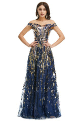 Homecoming Dresses Business Casual Outfits, A Line Sequins Off the Shoulder Long Prom Dresses