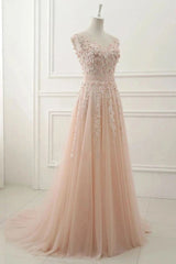 Prom Dresses Modest, A Line Sheer Neck Cap Sleeves Tulle Prom Dresses With Appliques