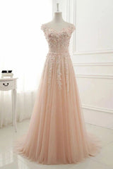 Prom Dresse Backless, A Line Sheer Neck Cap Sleeves Tulle Prom Dresses With Appliques