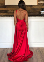 Boho Wedding Dress, A-line Sleeveless Court Train Satin Prom Dress With Pleated Split