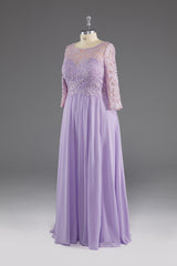 Bridesmaid Dresses Designer, Lilac A-Line 3/4 Sleeves Scoop Lace Prom Dress