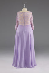 Bridesmaid Dress Designs, Lilac A-Line 3/4 Sleeves Scoop Lace Prom Dress