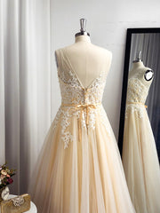Bridesmaid Dress Shops, A-line Spaghetti Straps Appliques Lace Floor-Length Tulle Dress