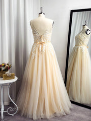 Bridesmaid Dress Sale, A-line Spaghetti Straps Appliques Lace Floor-Length Tulle Dress
