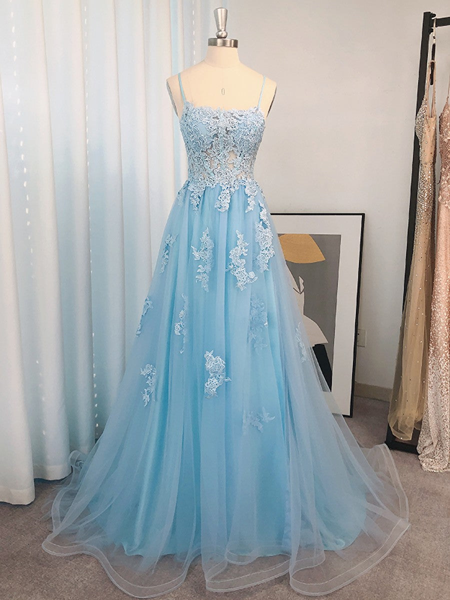 Bridesmaid Dresses For Beach Wedding, A-line Spaghetti Straps Appliques Lace Sweep Train Tulle Dress