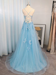 Bridesmaids Dresses For Beach Wedding, A-line Spaghetti Straps Appliques Lace Sweep Train Tulle Dress