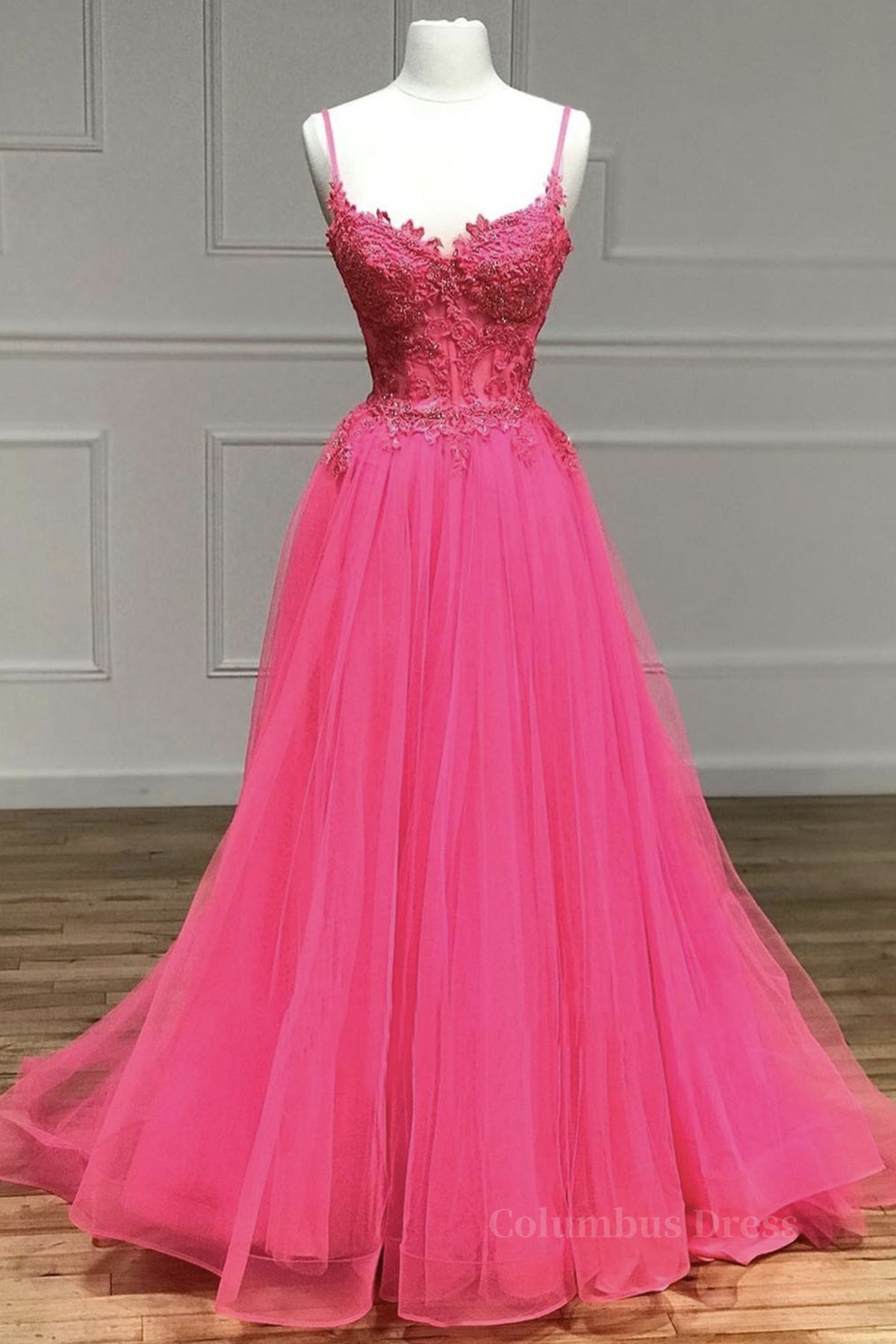 Bridesmaid Dresses Designs, A Line Spaghetti Straps Beaded Pink Lace Long Prom Dress, Pink Lace Formal Dress, Pink Tulle Evening Dress