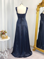 Bridesmaids Dresses Fall, A-line Spaghetti Straps Ruffles Floor-Length Elastic Woven Satin Dress
