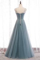 Prom Dresses Yellow, A-Line Spaghetti Straps Tulle Beaded Long Prom Dress, Cute Evening Party Dress