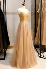 Prom Dress Blush, A-Line Spaghetti Straps Tulle Beaded Long Prom Dress, Evening Party Dress