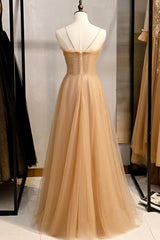 Prom Dresses Blushes, A-Line Spaghetti Straps Tulle Beaded Long Prom Dress, Evening Party Dress