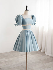 Homecomming Dresses Green, A-Line Square Neckline Blue Short Prom Dress, Cute Blue Homecoming Dress