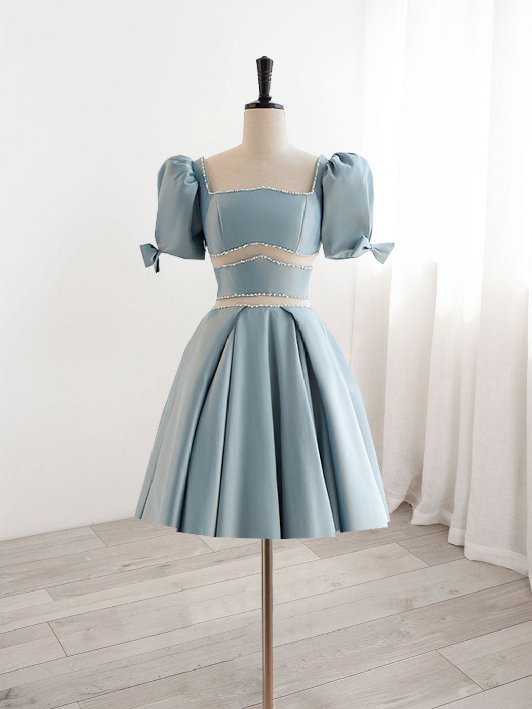 Homecoming Dress Green, A-Line Square Neckline Blue Short Prom Dress, Cute Blue Homecoming Dress