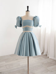 Homecoming Dress Green, A-Line Square Neckline Blue Short Prom Dress, Cute Blue Homecoming Dress