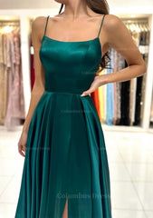 Prom Dresses Blue Lace, A-line Square Neckline Spaghetti Straps Sweep Train Charmeuse Prom Dress With Split