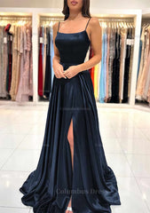 Prom Dress Blue Lace, A-line Square Neckline Spaghetti Straps Sweep Train Charmeuse Prom Dress With Split