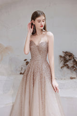 Homecoming Dress Shop, A Line Strapless Beading Tulle Court Train Prom Dresses