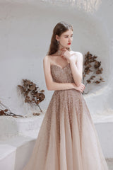 Homecoming Dress Shopping, A Line Strapless Beading Tulle Court Train Prom Dresses
