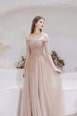 Evening Dress Sale, A-Line Strapless Off The Shoulder Lace Up Beading Tulle Long Prom Dresses