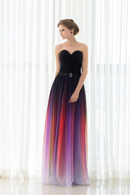 Party Dress Size 222, A Line Strapless Sleeveless Colorful Chiffon Floor Length Prom Dresses With Belt