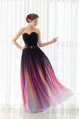 Party Dress Lace, A Line Strapless Sleeveless Colorful Chiffon Floor Length Prom Dresses With Belt