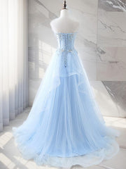Bridesmaids Dresses Idea, A-line Sweetheart Appliques Lace Sweep Train Tulle Dress