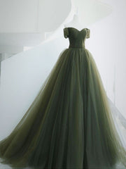 Prom Dresses 2032 Long Sleeve, A-Line Sweetheart Neck Green Long Prom Dress, Sweep Train Green  Formal Dress