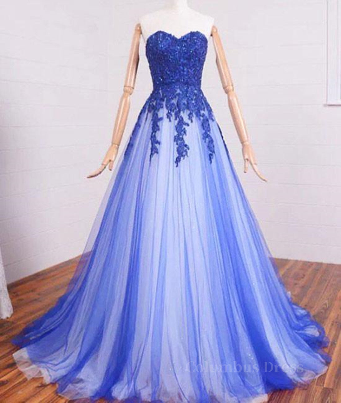 Bridesmaids Dresses Long, A Line Sweetheart Neck Lace Tulle Blue Long Prom Dresses, Blue Formal Dresses, Blue Lace Evening Dresses