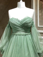 Bridesmaids Dress Purple, A Line Sweetheart Neck Long Sleeves Green Tulle Long Prom Dress, Long Green Formal Evening Dress