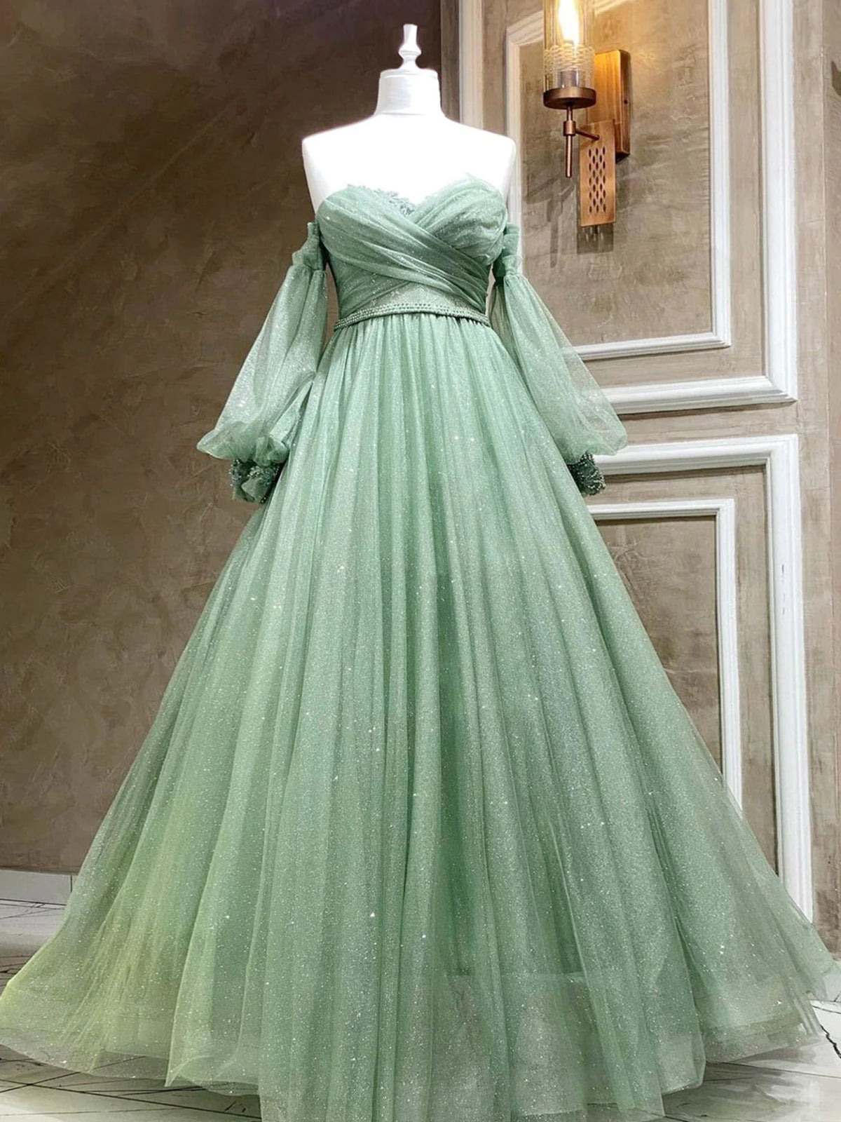 Bridesmaid Dress Purple, A Line Sweetheart Neck Long Sleeves Green Tulle Long Prom Dress, Long Green Formal Evening Dress