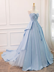 Prom Dresses Gowns, A-Line Sweetheart Neck Satin Tulle Blue Long Prom Dress, Blue Evening Dress