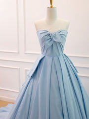 Prom Dress Gowns, A-Line Sweetheart Neck Satin Tulle Blue Long Prom Dress, Blue Evening Dress