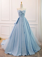 Prom Dresses Gown, A-Line Sweetheart Neck Satin Tulle Blue Long Prom Dress, Blue Evening Dress