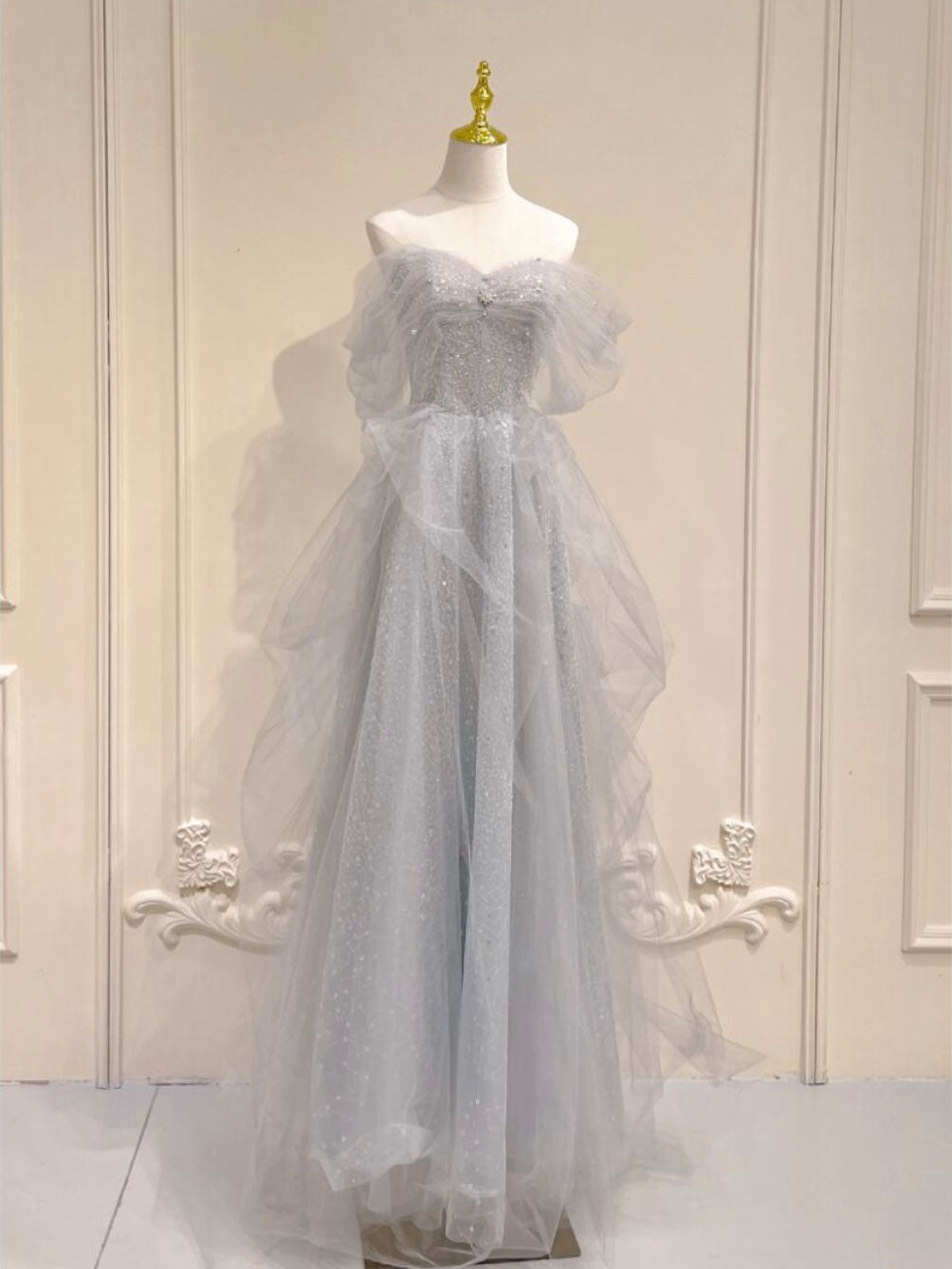 Homecoming Dress Shops Near Me, A-Line Sweetheart Neck Sequin Gray Long Prom Dress, Gray Formal Dress