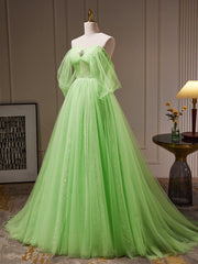 Evening Dresses Red, A-Line Sweetheart Neck Tulle Green Long Prom Dress, Green Tulle Long Evening Dress