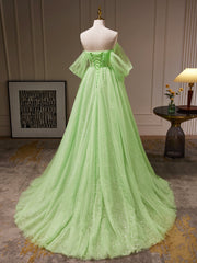 Evening Dress Style, A-Line Sweetheart Neck Tulle Green Long Prom Dress, Green Tulle Long Evening Dress