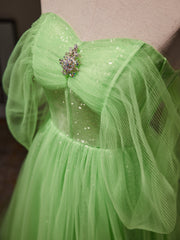 Evening Dress Styles, A-Line Sweetheart Neck Tulle Green Long Prom Dress, Green Tulle Long Evening Dress