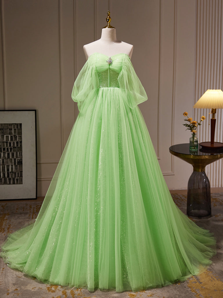 Evening Dresses Fitted, A-Line Sweetheart Neck Tulle Green Long Prom Dress, Green Tulle Long Evening Dress