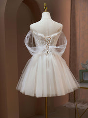 Bridesmaid Dress Spring, A Line Sweetheart Neck Tulle Lace Beige Short Prom Dress,  Puffy Cute Homecoming Dress