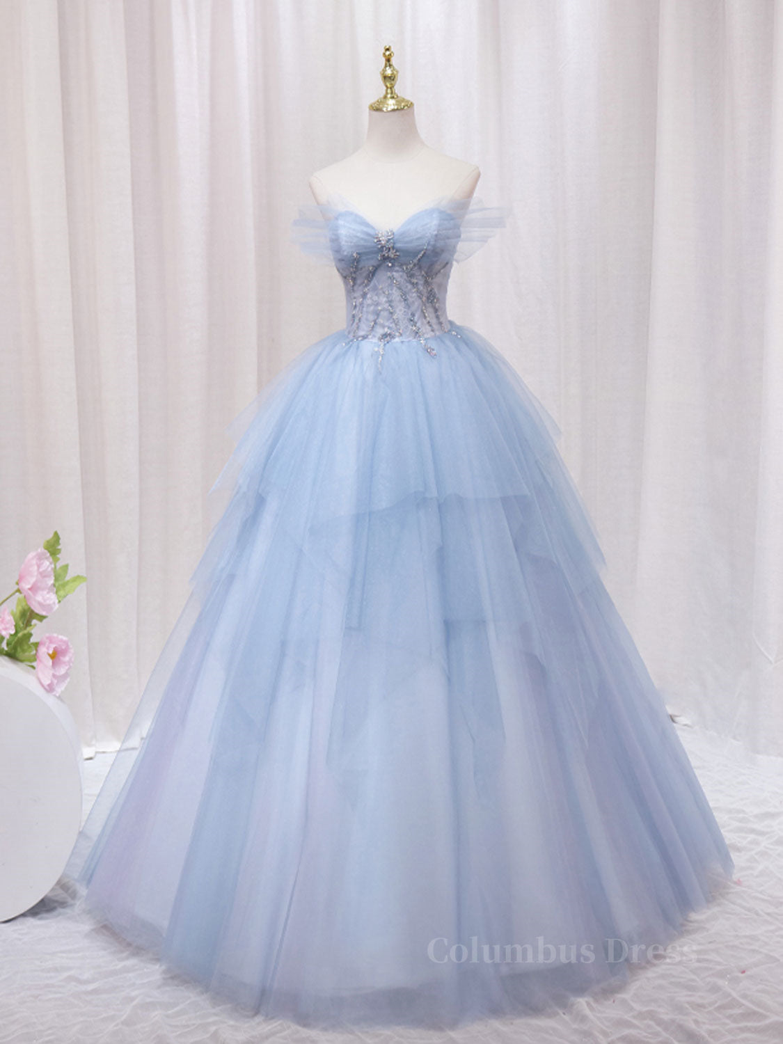 Prom Dresses, A-Line Sweetheart Neck Tulle Lace Blue Long Prom Dress, Blue Formal Evening Dress