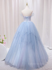 Wedding Dress, A-Line Sweetheart Neck Tulle Lace Blue Long Prom Dress, Blue Formal Evening Dress