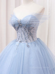 Prom Dress Burgundy, A-Line Sweetheart Neck Tulle Lace Blue Long Prom Dress, Blue Formal Evening Dress