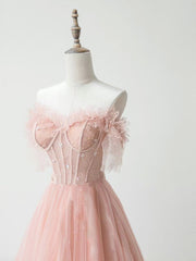 Couture Gown, A-Line Sweetheart Neck Tulle Lace Pink Long Prom Dress, Pink Formal Dress