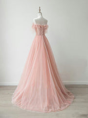 Casual Gown, A-Line Sweetheart Neck Tulle Lace Pink Long Prom Dress, Pink Formal Dress