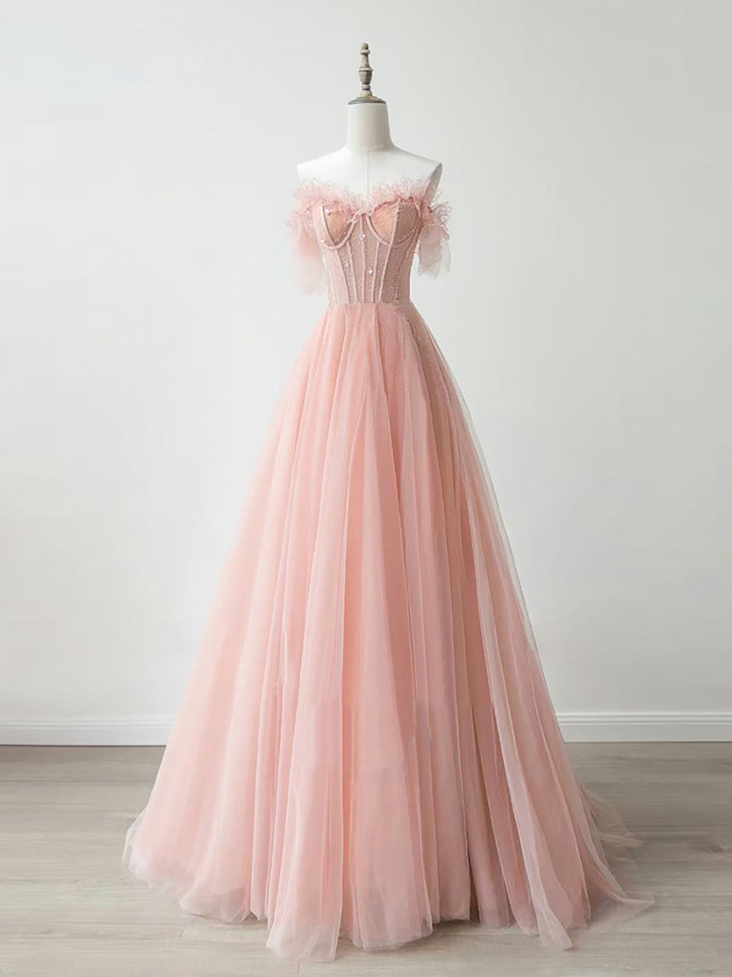 Shirt Dress, A-Line Sweetheart Neck Tulle Lace Pink Long Prom Dress, Pink Formal Dress